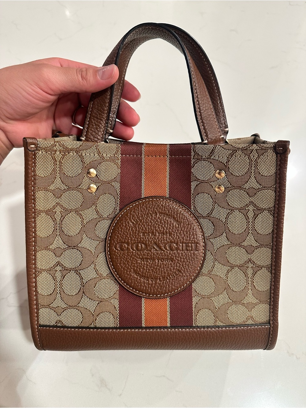 Coach Brown Signature Stripe Mini Satchel with Rust & Tan Center Stripe
